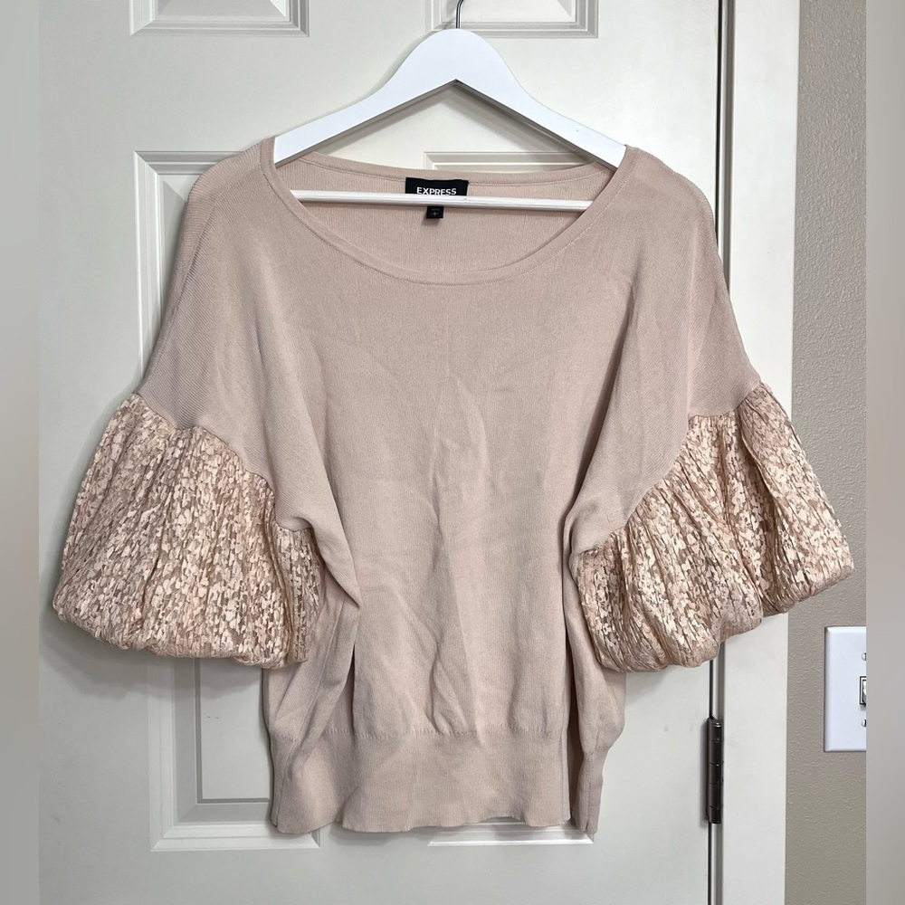 Express Lace Puff Sleeve Knit Blouse